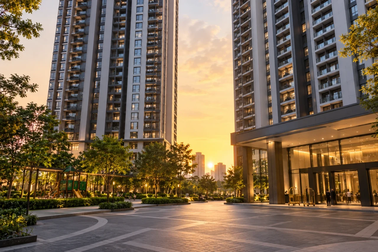 Two similar condo towers at sunset, one with a garden and a children's playground at its base, the other with a hotel-style glass lobby and luggage trolleys