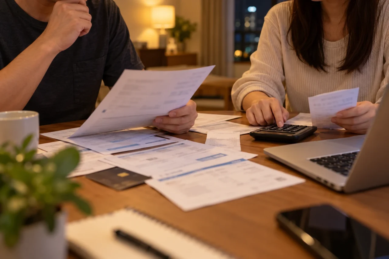 A couple at a dining table at night going through bills and payslips with a calculator, a bank card and a laptop