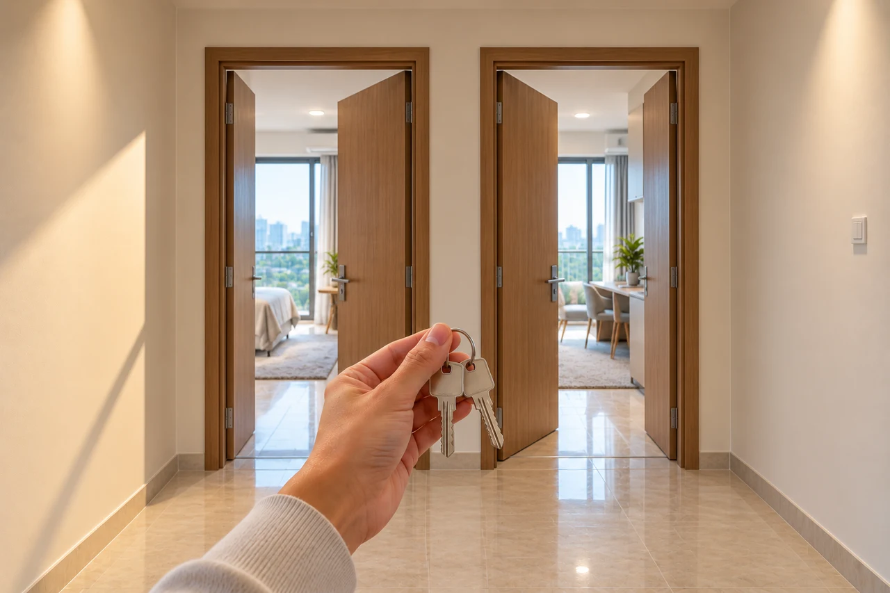 A hand holds two keys on one ring in a bright hallway inside a condo, in front of two open wooden doors side by side, one to a bedroom and one to a small living area
