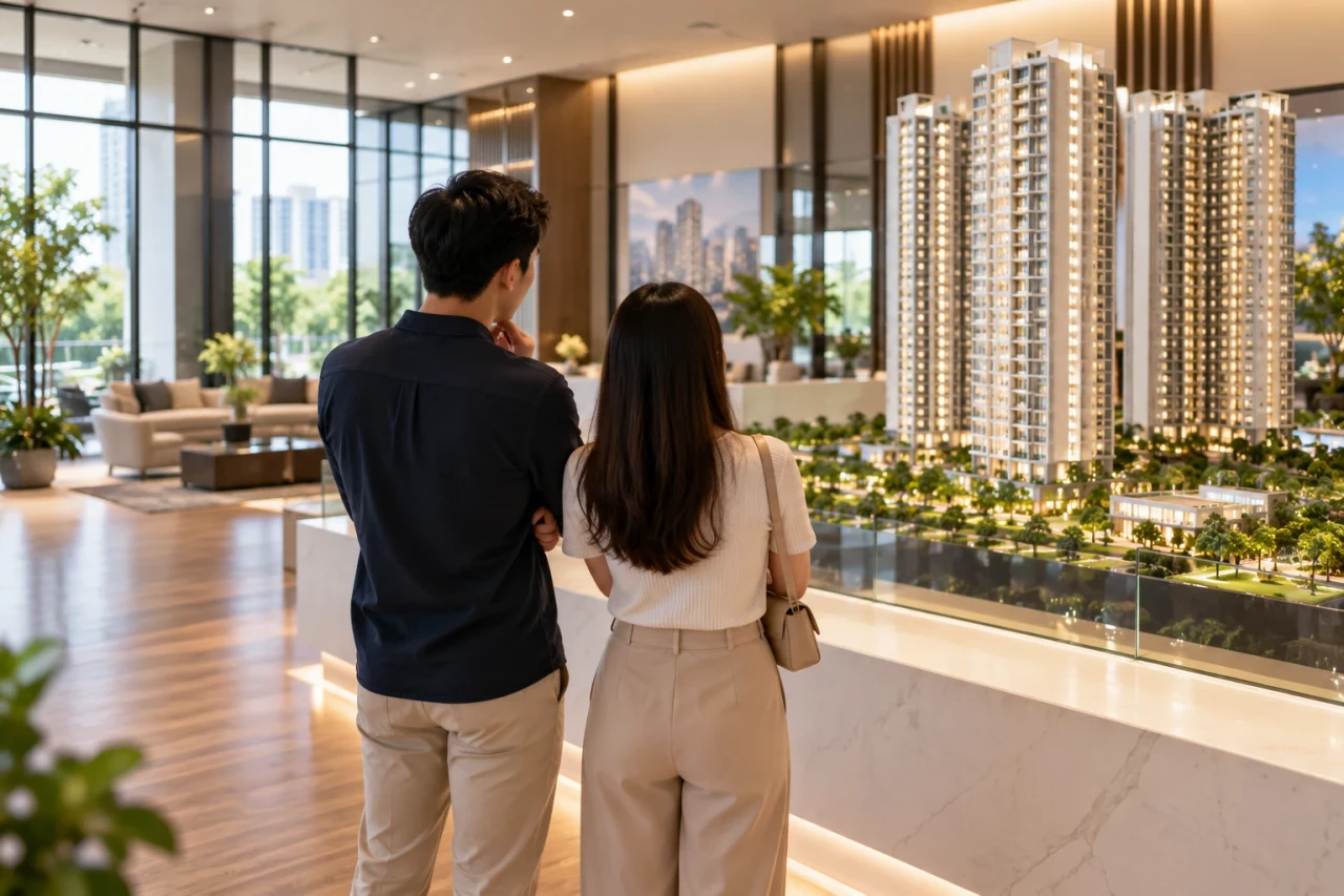 A young couple, seen from behind, looking at a lit scale model of condo towers in a property sales gallery