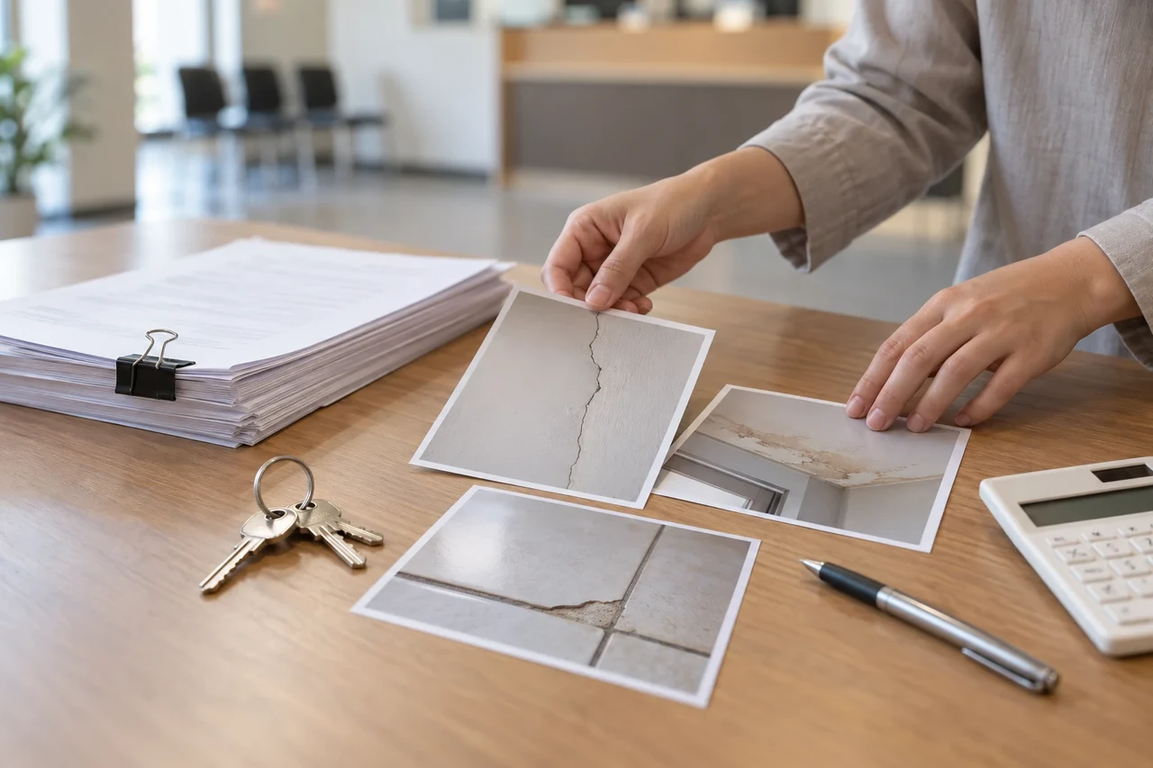 Hands laying three photos of home defects, a cracked wall, a stained ceiling and a chipped floor tile, on a wooden table beside a clipped stack of papers, house keys, a pen and a calculator